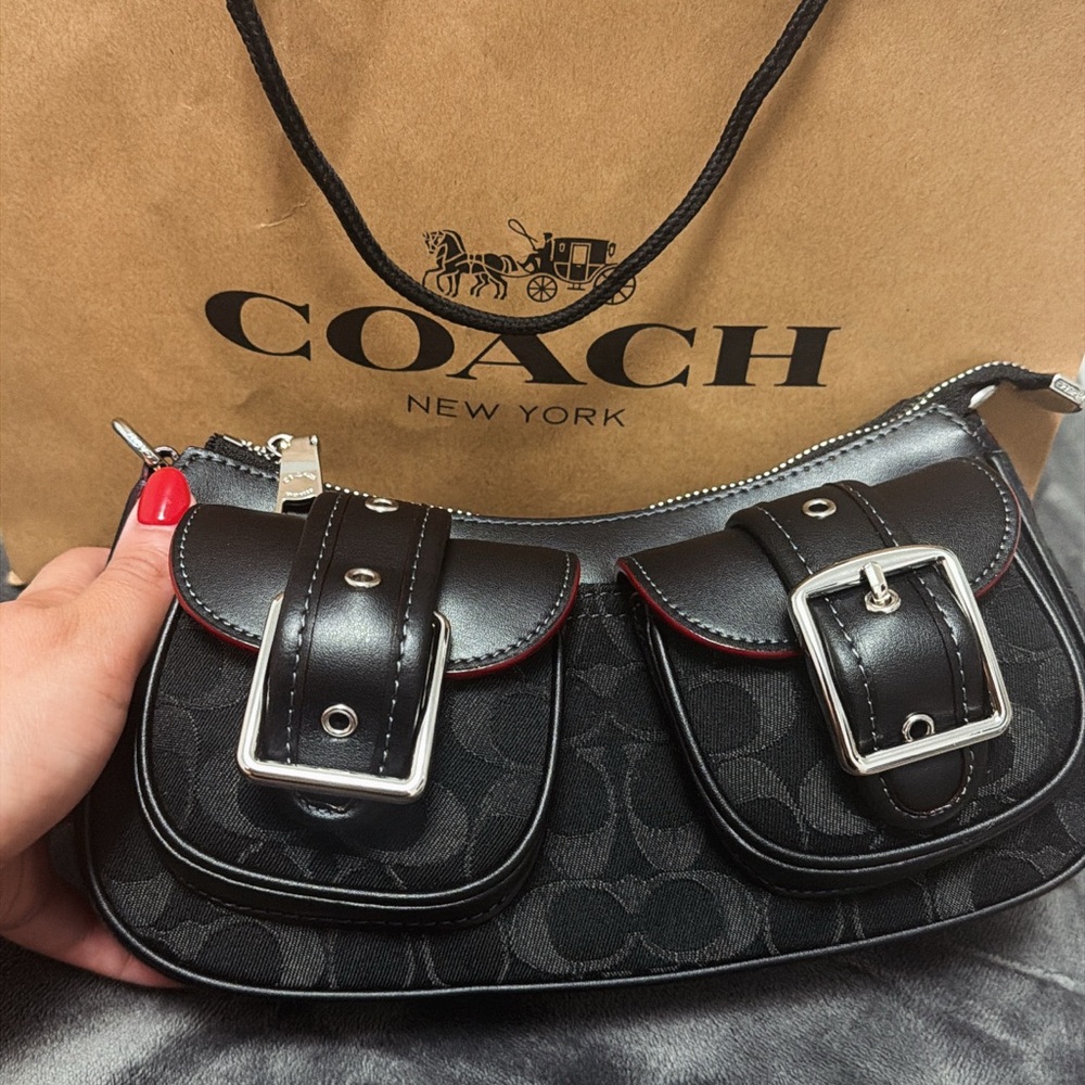 Coach Black Signature Mini Shoulder Bag with Red Trim